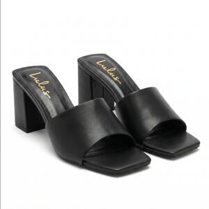Lulus Yarie Satin Black Block Heel Mule Sandals Womens 9 NIB
